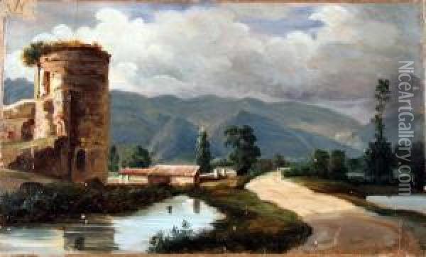 Torre Di Cicerone Presso L'isola Di Sora Oil Painting - Gabriele Smargiassi