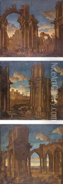 Capriccio With Figures Among Classical Ruins Oil Painting - Pietro Paltronieri