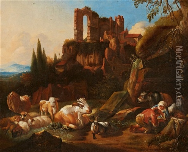 Italian Landscape With A Shepherd And His Cattle At Rest Oil Painting - Johann Heinrich Roos