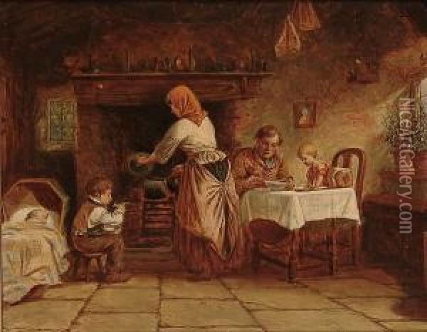 A Family In A Cottage Interior Oil Painting - William Hemsley