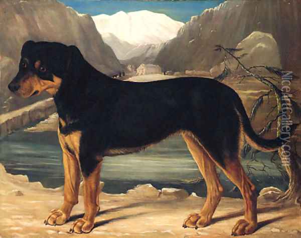 A Mountain Dog in an Alpine Landscape Oil Painting - German School