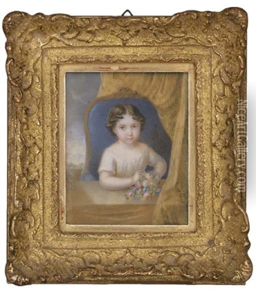 A Young Child, In White Dress, Curled Dark Hair, Holding A Bunch Of Pink, White And Blue Flowers, Seated On A Blue Chair At A Table; Curtain And Sky Background Oil Painting - Richard Schwager