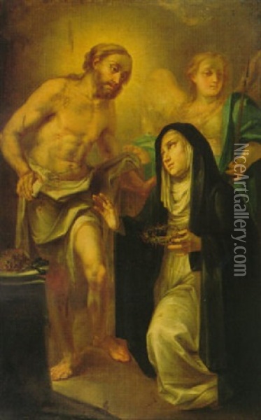 Cristo Coronando De Espinas A Santa Catalina De Siena Oil Painting - Vicente Castello Y Amat