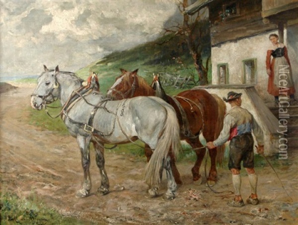Before Going To The Field Oil Painting - Julius von Blaas