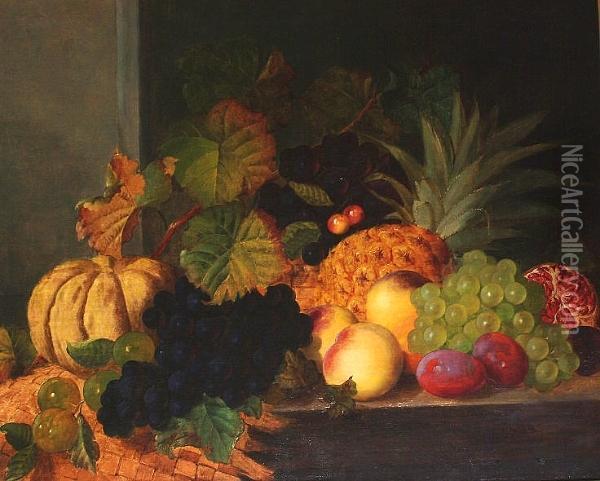 Impressive Still Life Of A Pineapple And Other Fruits Displayed On A Ledge. Oil Painting - Joshua, Cook Snr.
