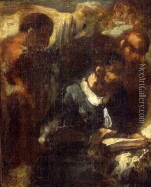 Study Of Three Figures, One Reading Oil Painting - Honore Daumier