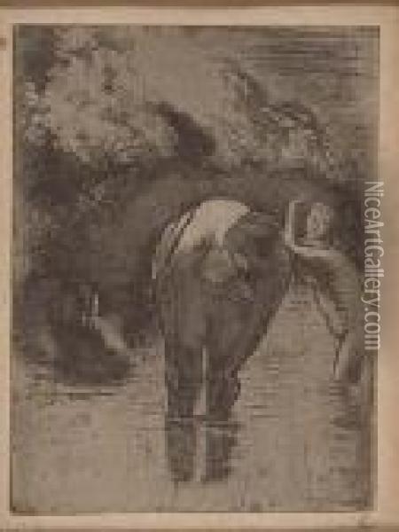 Les Trois Baigneuses Oil Painting - Camille Pissarro
