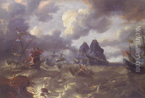 Eine Galeere, Galeonen Und Andere Schiffe Im Sturm Vor Befestigten Felsen Oil Painting - Jan Peeters the Elder