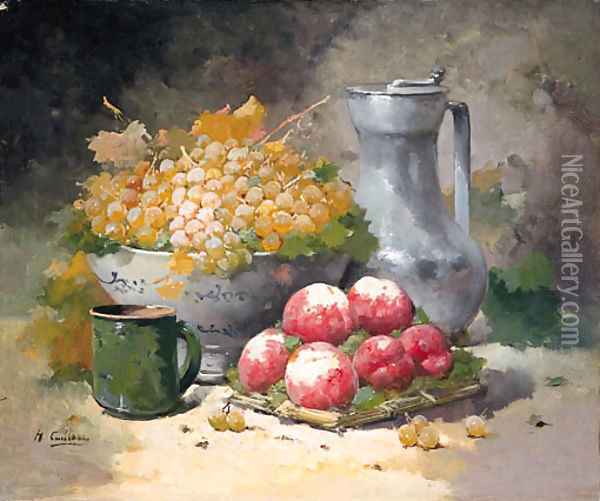 Grapes in a Bowl with Peaches and a pewter Jug Oil Painting - Eugene Henri Cauchois
