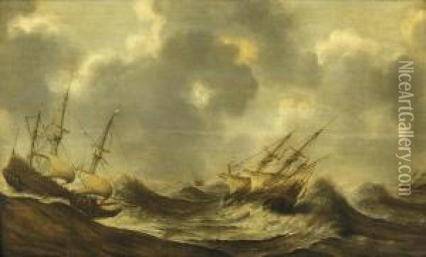 Three-masters In Rough Waters Oil Painting - Claes Claesz. Wou