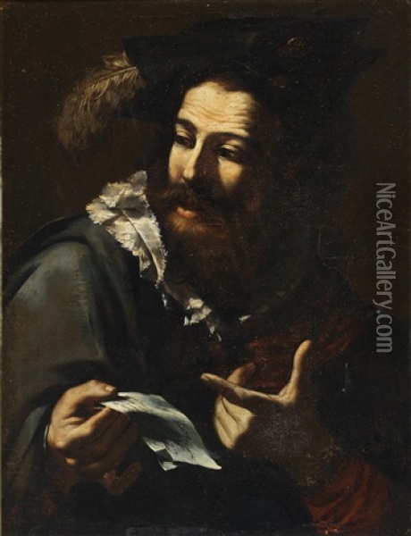 Portrait Of Man In A Plumed Hat Holding A Letter Oil Painting -  Caravaggio