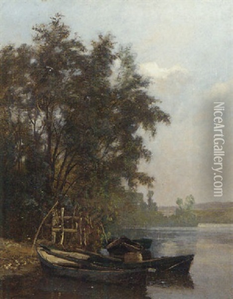 Rowing Boats Moored At A River Bank Oil Painting - Charles Joseph Beauverie