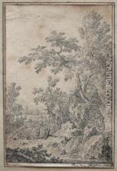 A Landscape With Figures On A Bank Near A Waterfall Oil Painting - Jan Van Huysum
