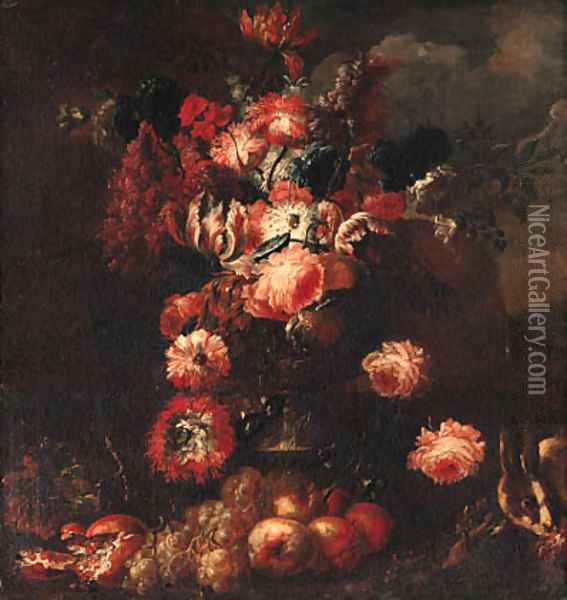 Parrot tulips, roses, carnations, pansies and other flowers in a vase Oil Painting - Frans Werner Von Tamm