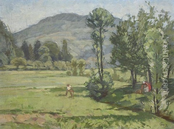 Wiesenlandschaft Mit Mahendem Bauer Bei Sasbachwalden Oil Painting - Walter Conz