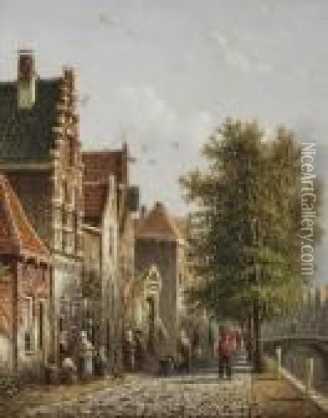 Daily Activities In A Sunlit Street Oil Painting - Johannes Franciscus Spohler