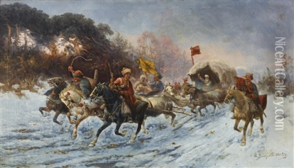 A Siberian Gold Convoy Oil Painting - Adolf (Constantin) Baumgartner-Stoiloff