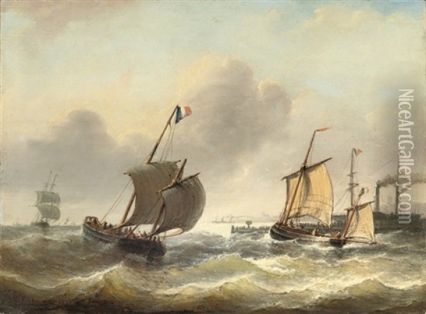 Full Sail On Choppy Waters Near A Harbour Entrance Oil Painting - Christian Cornelis Kannemans