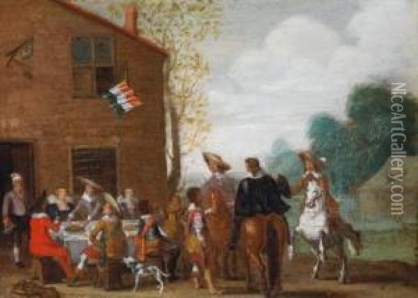 Eine Vor Einem Wirtshaus Rastende Jagdgesellschaft Oil Painting - Esaias Van De Velde