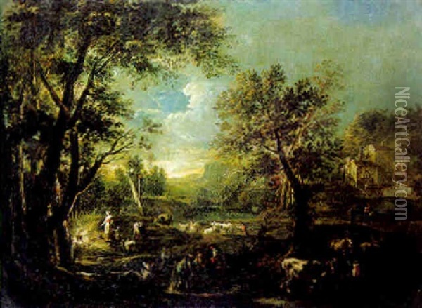 A River Landscape With Drovers And Cattle And An Encampment At Dawn Oil Painting - Antonio Maria Marini