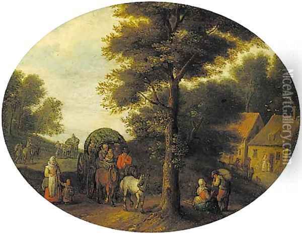 A wooded landscape with travellers in a wagon by a hamlet Oil Painting - Jan Brueghel the Younger