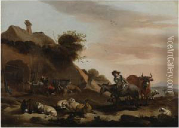 Landscape With Herders Tending To Their Livestock Outside Of A Barn Oil Painting - Jacob Van Der Does I