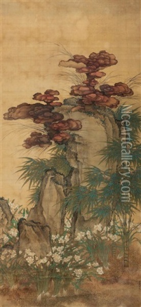 Bamboo And Rock, Ganoderma Oil Painting -  Qiu Ying