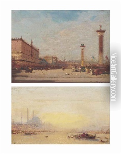 St. Mark's Square, Venice; And Constantinople (2 Works) Oil Painting - Henri Duvieux