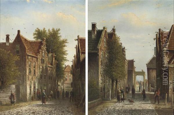 Dutch Street Scenes With Numerous Figures Oil Painting - Johannes Franciscus Spohler