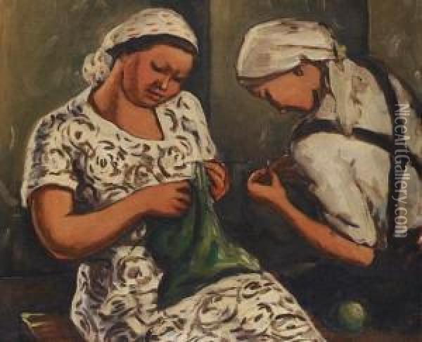 Native Women Knitting Oil Painting - Mark Gertler