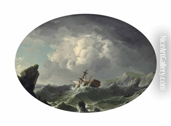 A Dismasted Ship Driving Ashore In A Gale Oil Painting - Charles Brooking