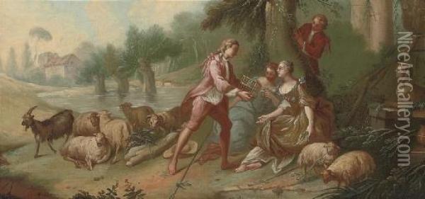 An Amorous Couple In A Garden; And A Shepherd With His Flock Courting Two Ladies Oil Painting - Jean-Baptiste Huet I