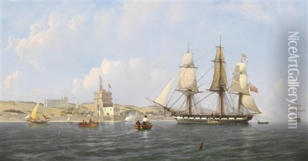 An English Frigate Arriving In The Tagus Off The Belem Tower; An English Frigate Hove-to Off The Southern Bank Of The Tagus (pair) Oil Painting - Joseph Schranz