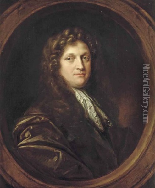 Portrait Of A Gentleman, Half-length, In A Brown Coat With A Lace Cravat, In A Sculpted Oval Oil Painting - Simon Dubois