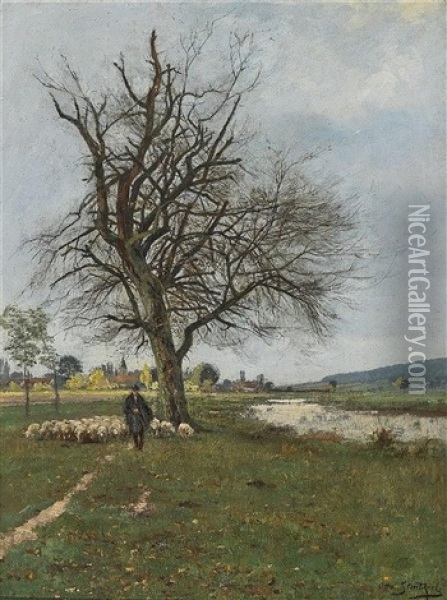 Schafer Mit Herde In Vorfruhlingslandschaft Oil Painting - Otto Struetzel