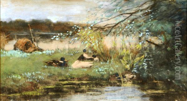 La Mare Aux Canards. Oil Painting - Georges Poggenbuick