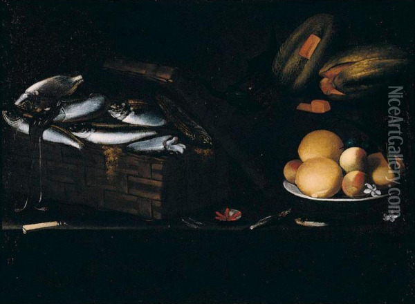 Still Life Of Fish And Squid In A Basket, Oranges And Peaches On A Plate, Together With Melons And A Knife, Arranged Upon A Table-top Oil Painting - Giovanni Battista Borra