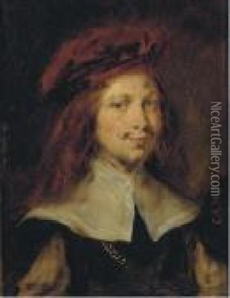 Portrait Of A Gentleman, Bust 
Length, Wearing A Red Cap; Andportrait Of A Lady, Bust-length, Wearing 
Pearl Earrings Oil Painting - Rembrandt Van Rijn