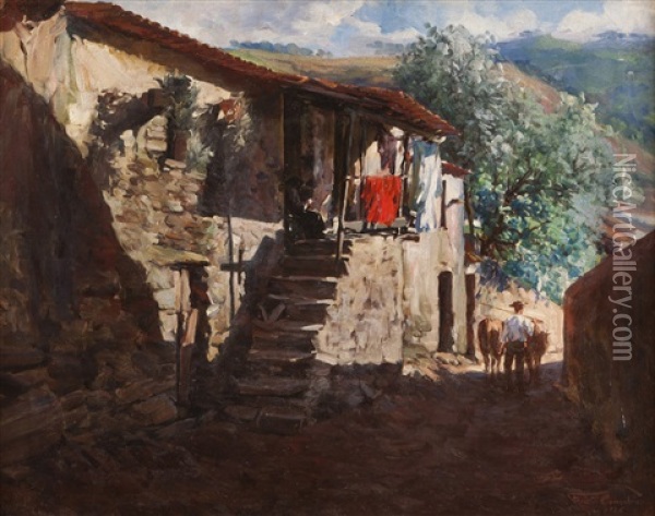 Vista De Casa Com Figuras E Gado Oil Painting - Fausto Goncalves