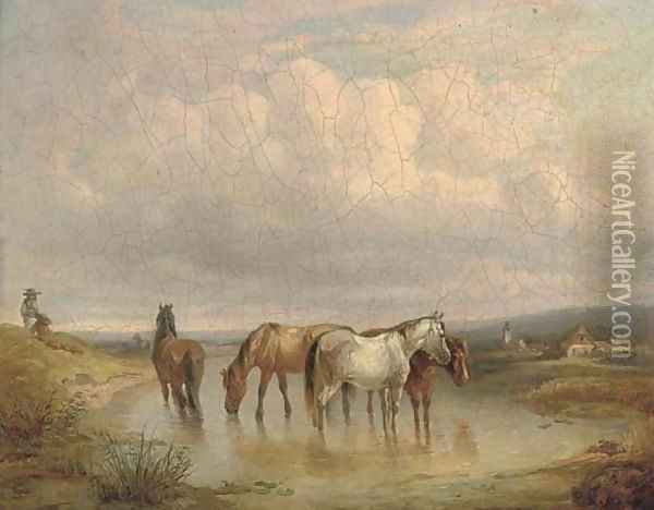 Ponies watering in an extensive landscape Oil Painting - Fritz van der Venne
