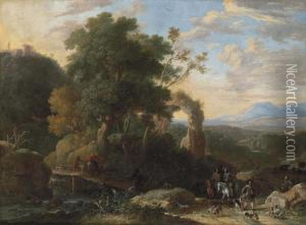 A Wooded, River Landscape With 
Ruins,a Hunting Party In The Right Foreground Indistinctly Oil Painting - Herman Van Swanevelt