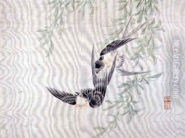 Swallows in flight, from an album of twelve studies of flowers, birds and fish Oil Painting - Tsubaki Chinzan
