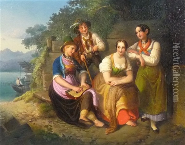 Musizierende An Einem See Oil Painting - Wilhelm (Johann W.) Voelker
