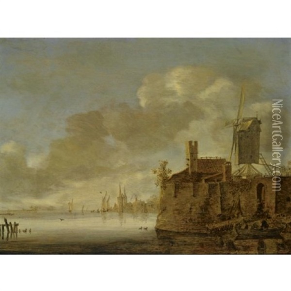 River Landscape With A Fortified Town, A Windmill On The Right Bank, And A Rowing Boat With Figures In The Foreground Oil Painting - Frans de Hulst