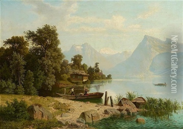 At The Shore Of A Mountain Lake Oil Painting - Theodor (Wilhelm T.) Nocken