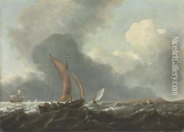 Dutch Ships In Stormy Waters Oil Painting - Jan Theunisz Blankerhoff