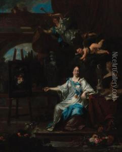 An Allegorical Portrait Of An 
Artist, Probably Rachel Ruysch,seated Full-length, In A White Dress With
 A Blue Sash, Holding Apaint Brush Before An Easel, A Draped Table With A
 Palette, Booksand Sculpture At Her Side, An Angel Blowing A Horn With A
 Oil Painting - Michiel van Musscher