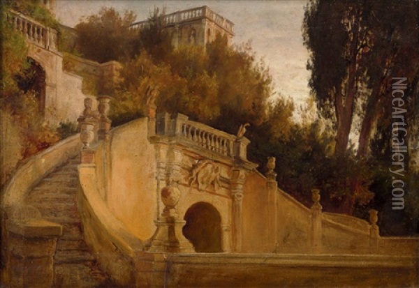 Brunnenanlage In Der Villa D'este In Tivoli Oil Painting - Oswald Achenbach