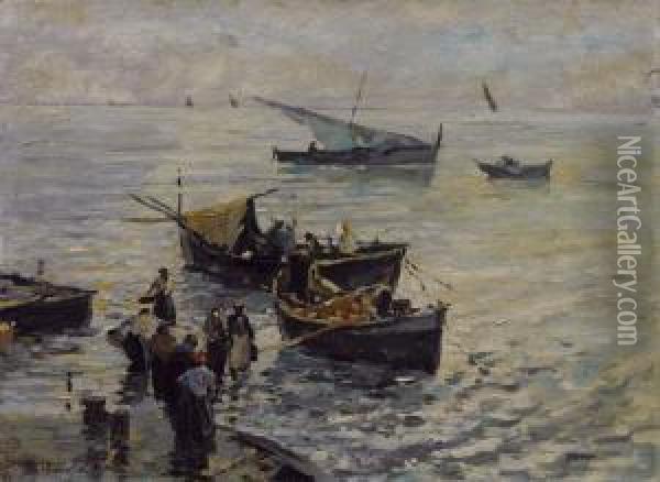 Pescatori Al Tramonto Oil Painting - Mario Mirabella