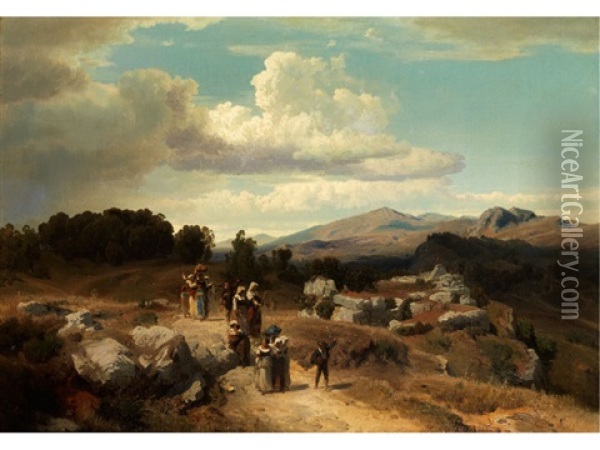Sonntagsspaziergang In Der Romischen Landschaft Oil Painting - Oswald Achenbach